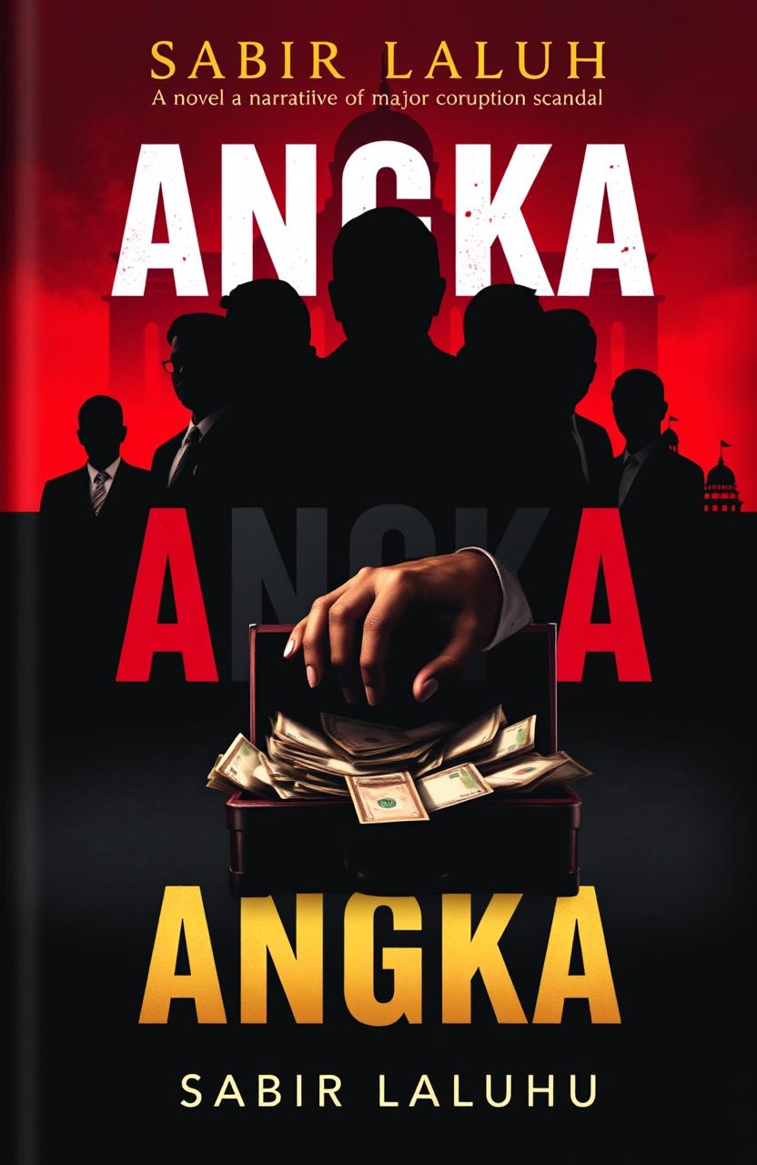 A striking novel cover for a book titled "ANGKA" by Sabir Laluhu, illustrating a dramatic narrative of a major corruption scandal