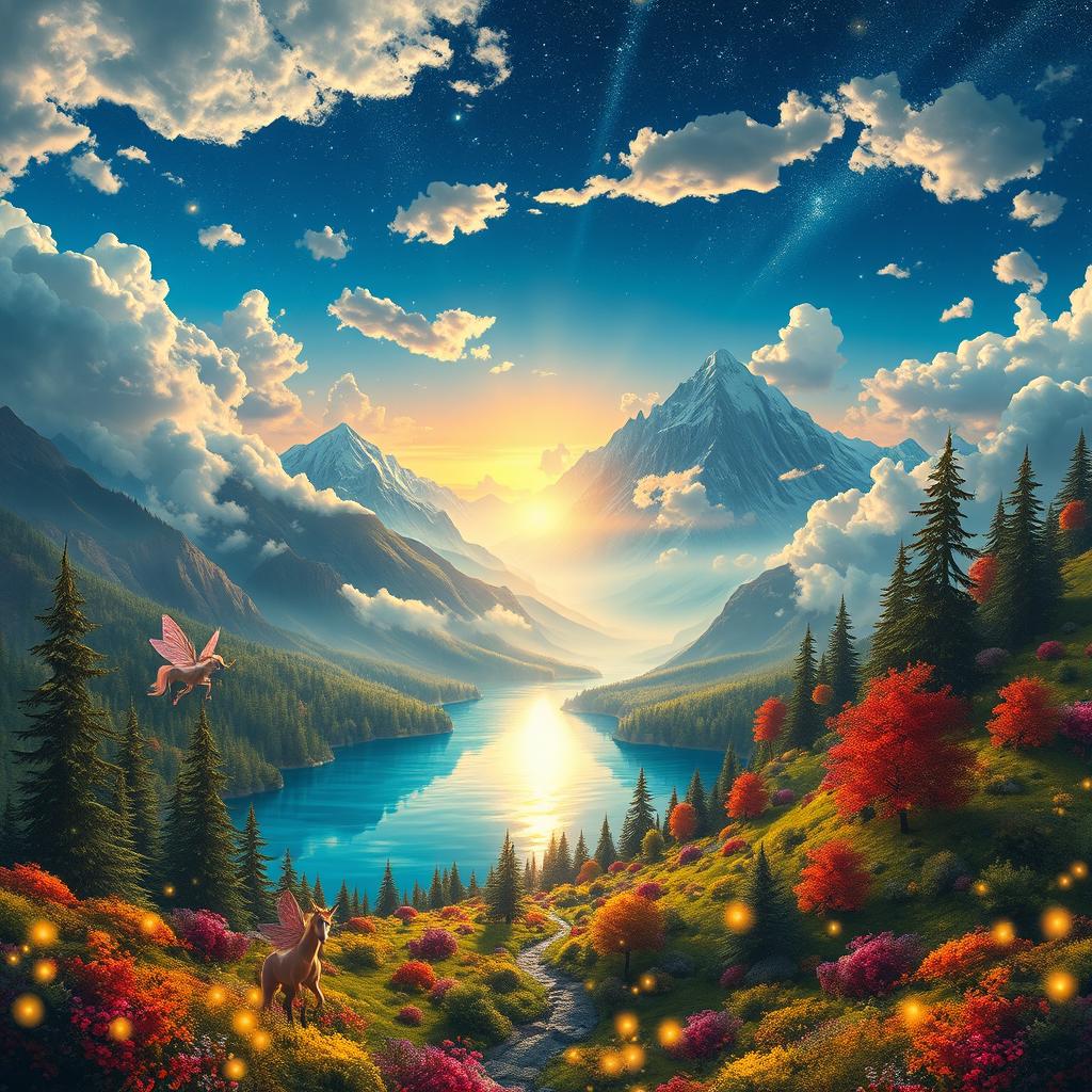A breathtaking fantasy landscape, featuring a sprawling enchanted forest with vibrant colors and magical creatures such as fairies and unicorns