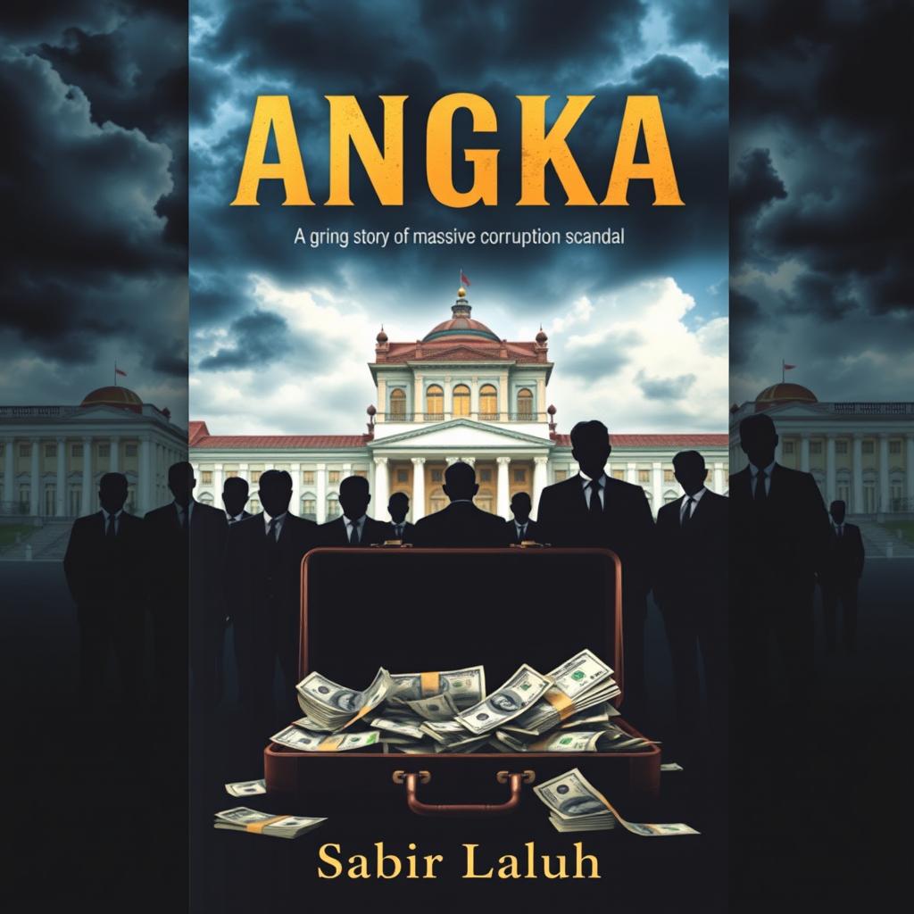 A compelling novel cover for a book titled "ANGKA" by Sabir Laluhu, representing a gripping story of a massive corruption scandal