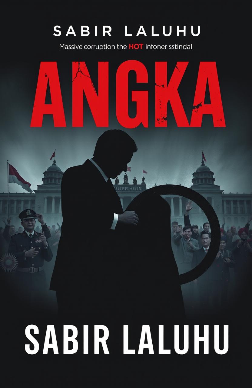 A dramatic and striking book cover design for a novel titled 'ANGKA' by Sabir Laluhu, depicting the theme of rampant corruption