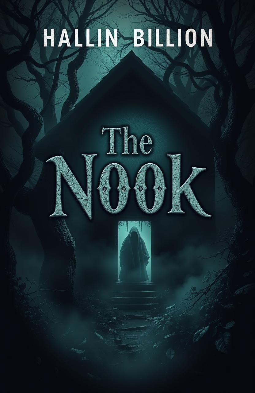 A chilling horror book cover featuring an eerie, fog-shrouded scene centered on a shadowy nook, surrounded by gnarled trees and overgrown foliage