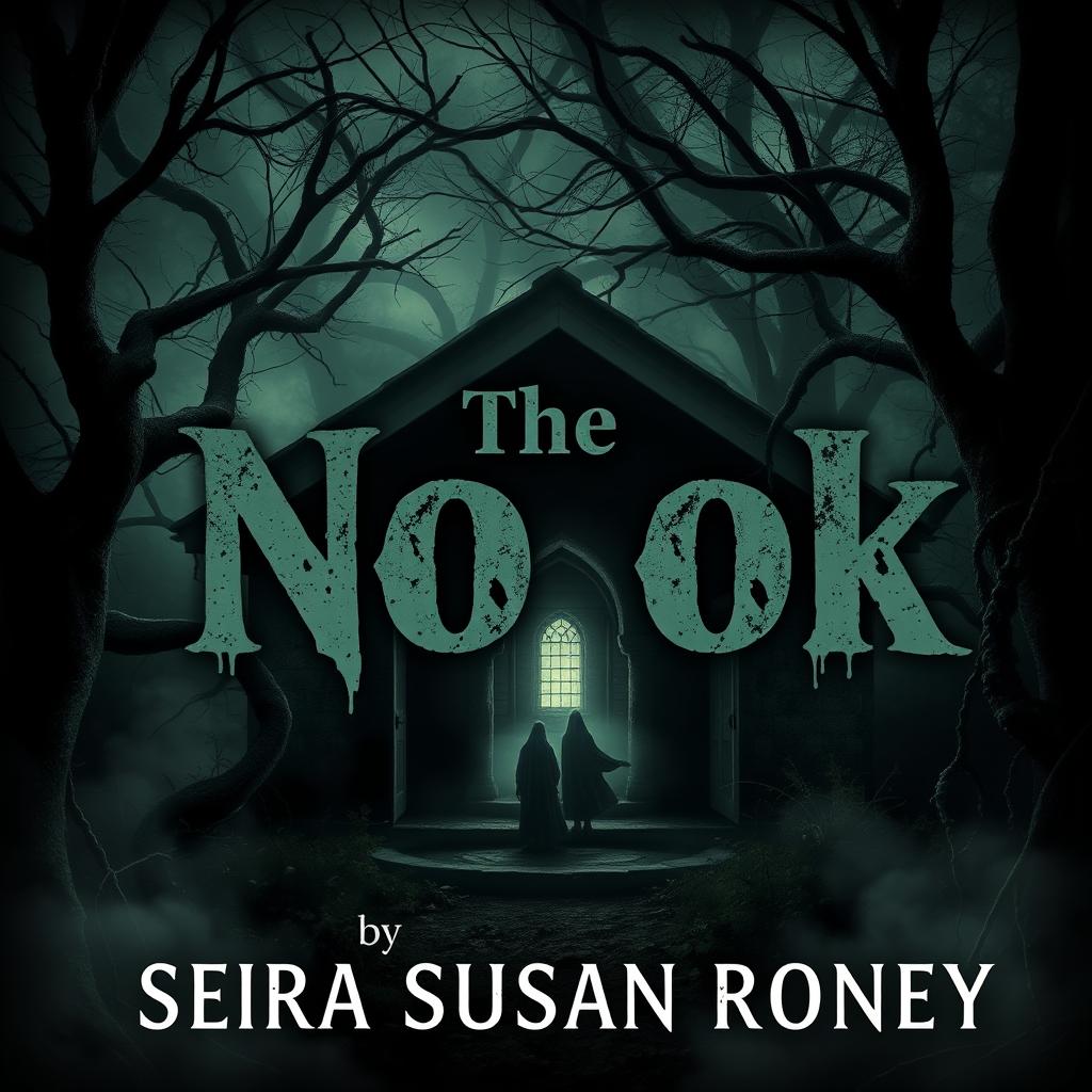 A chilling horror book cover featuring an eerie, fog-shrouded scene centered on a shadowy nook, surrounded by gnarled trees and overgrown foliage
