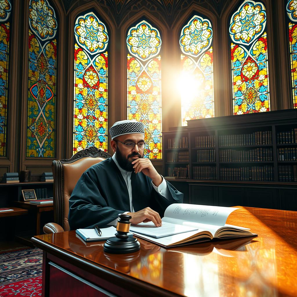 A thoughtful Muslim judge sitting in a beautifully decorated courtroom that reflects Islamic architecture