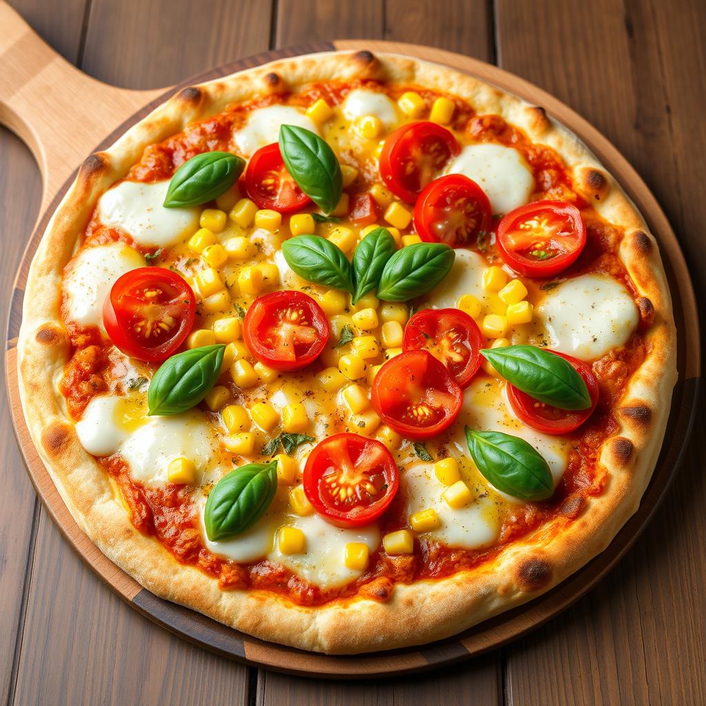 An enticing pizza showcasing sweet corn and succulent juicy tomatoes perfectly complemented by vibrant green capsicum, all lavishly covered with gooey melted mozzarella cheese
