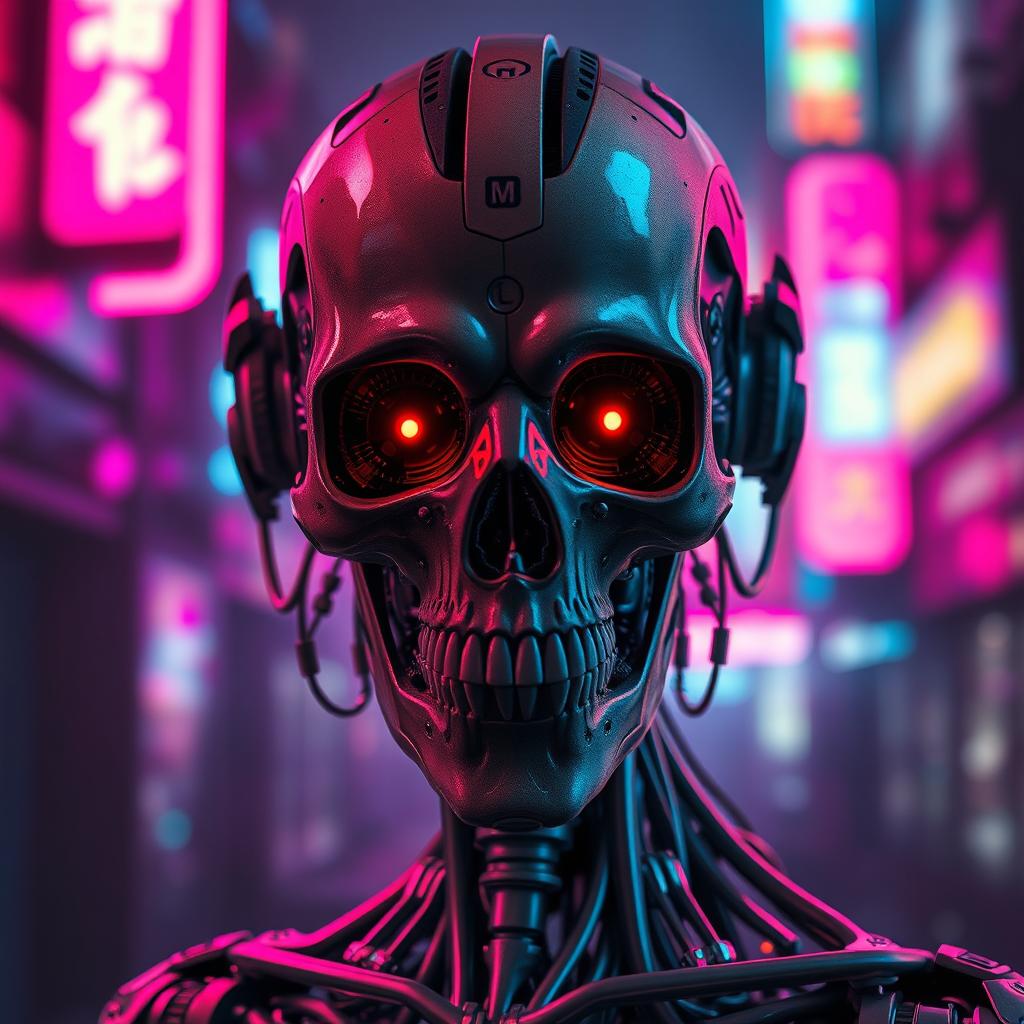 A futuristic cybernetic humanoid with an exposed skull, showcasing intricate mechanical details