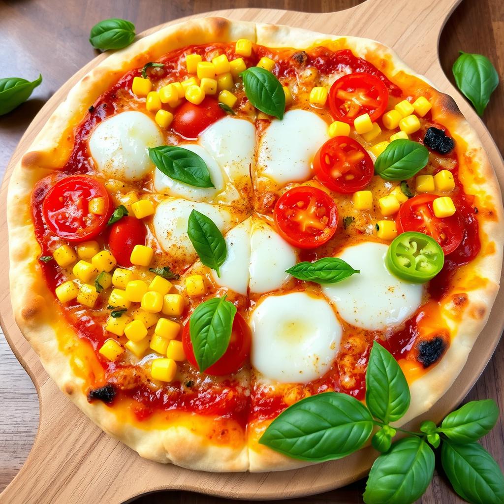 A mouth-watering pizza adorned with sweet corn and vibrant, juicy tomatoes perfectly paired with crisp green capsicum, all lavishly topped with bubbling, melted mozzarella cheese