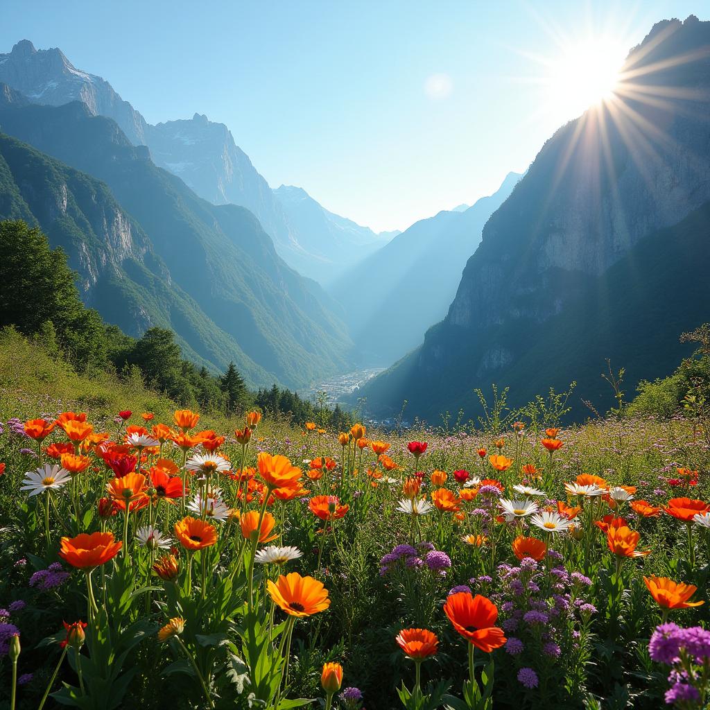 A breathtaking landscape featuring majestic mountains towering in the background, surrounded by an array of colorful, beautiful flowers blooming vibrantly in the foreground