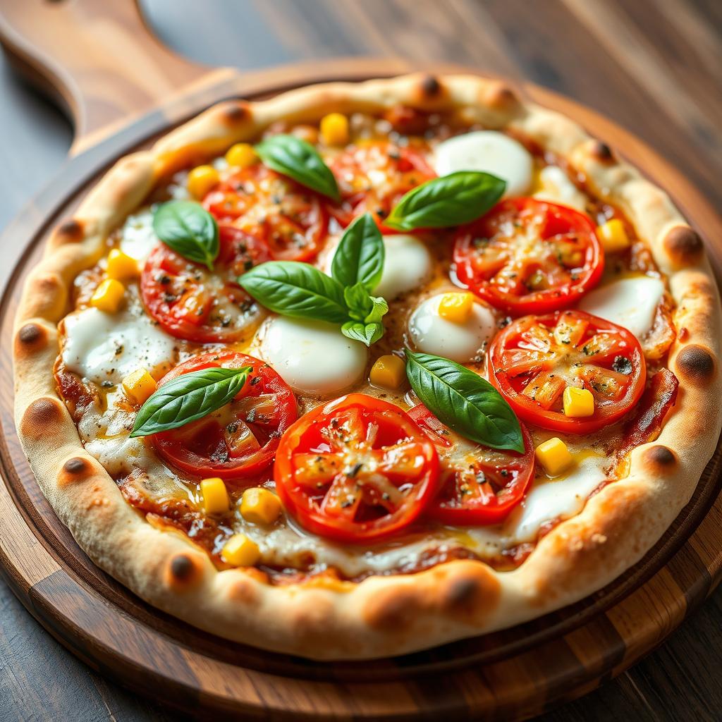 A delicious pizza featuring sweet corn and succulent juicy tomatoes elegantly paired with crunchy green capsicum, all topped with a generous layer of melted mozzarella cheese that looks irresistibly gooey