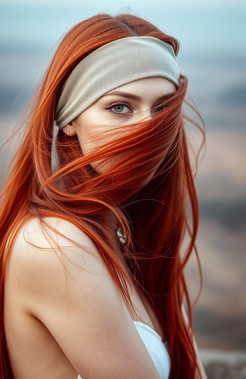A striking portrait of a beautiful woman with long, flowing red hair