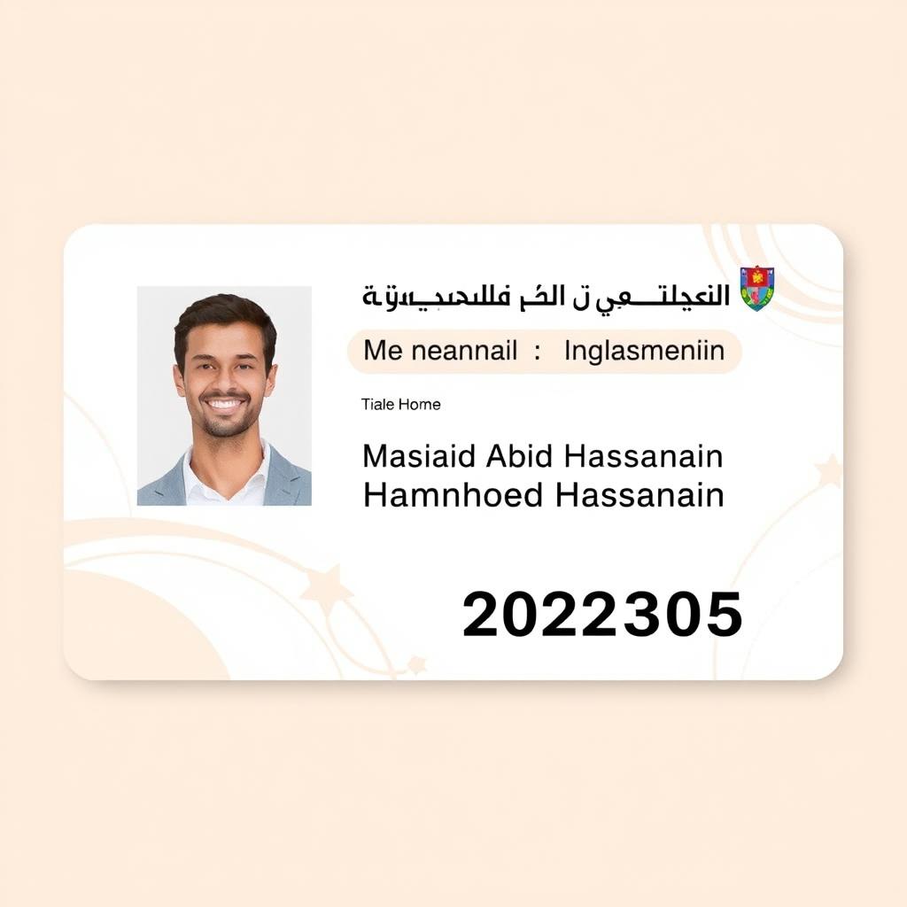 A student ID card design featuring the name 'Mohamed Abid Mahmoud Hassanain' and the student number '202220305'
