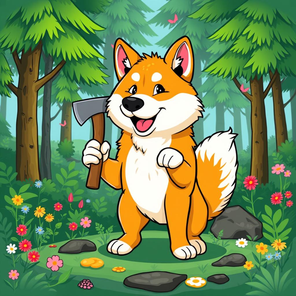 A cartoonish Akita Inu dog humorously holding an axe in a vibrant forest setting