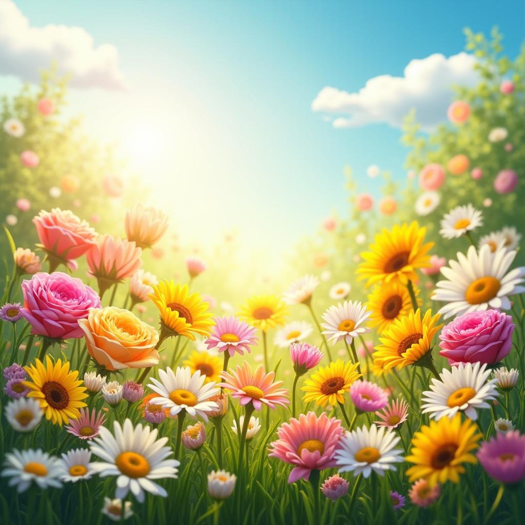A vibrant and cheerful scene showcasing a blooming garden filled with various types of colorful flowers basking in the warm sunlight of a bright morning