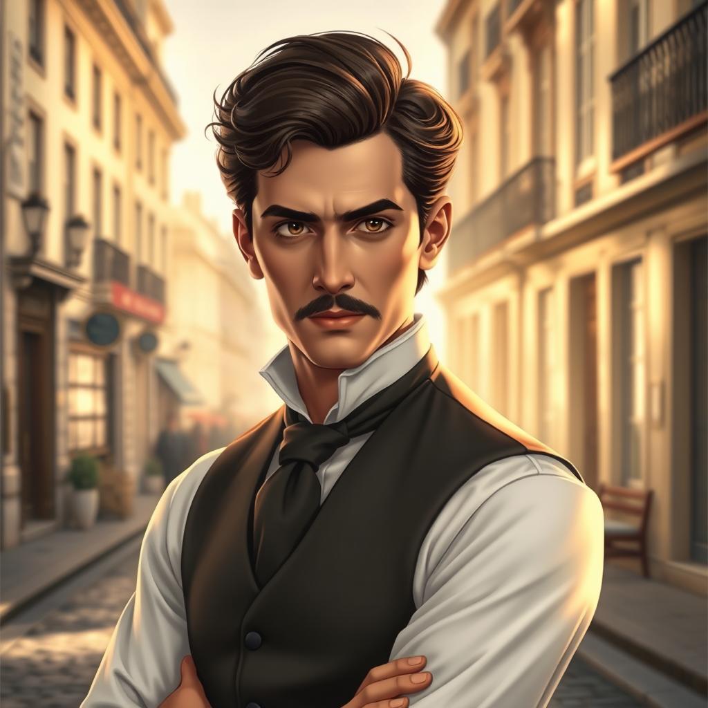 A portrait of Monsieur Loisel, a character inspired by the early 19th century, depicted as a well-dressed man with a pensive expression