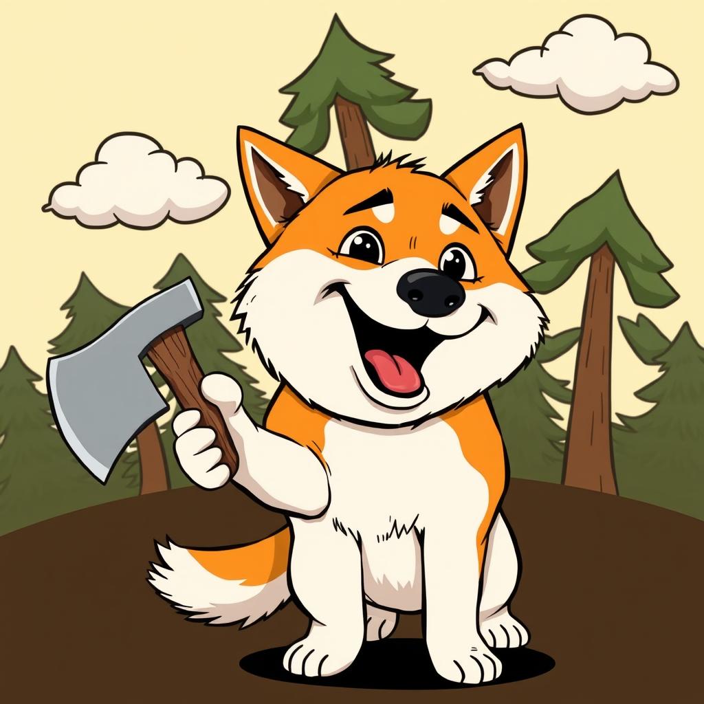 A humorous comic-style illustration featuring a playful Akita Inu dog holding an axe