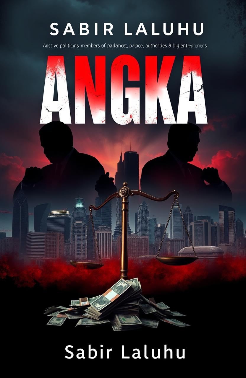 A gripping novel cover design titled 'ANGKA' by Sabir Laluhu, showcasing the theme of massive corruption involving politicians, members of parliament, palace authorities, and big entrepreneurs