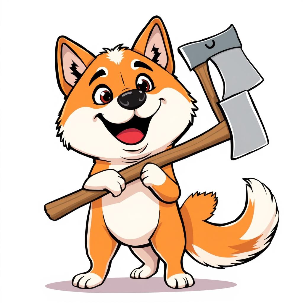 A cartoon-style illustration of a playful Akita Inu dog holding an axe