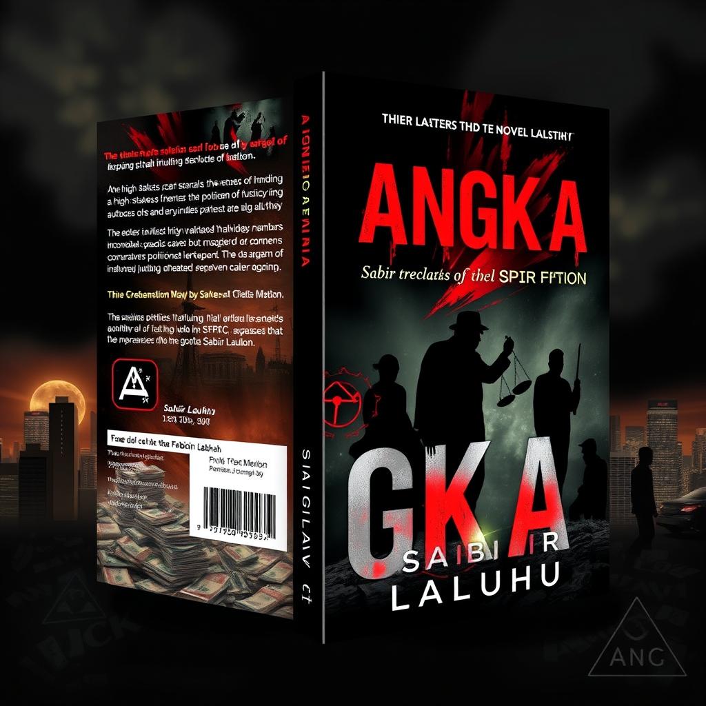 A striking novel cover design titled 'ANGKA' by Sabir Laluhu, illustrating a high-stakes corruption scandal involving politicians, members of parliament, palace authorities, and influential entrepreneurs