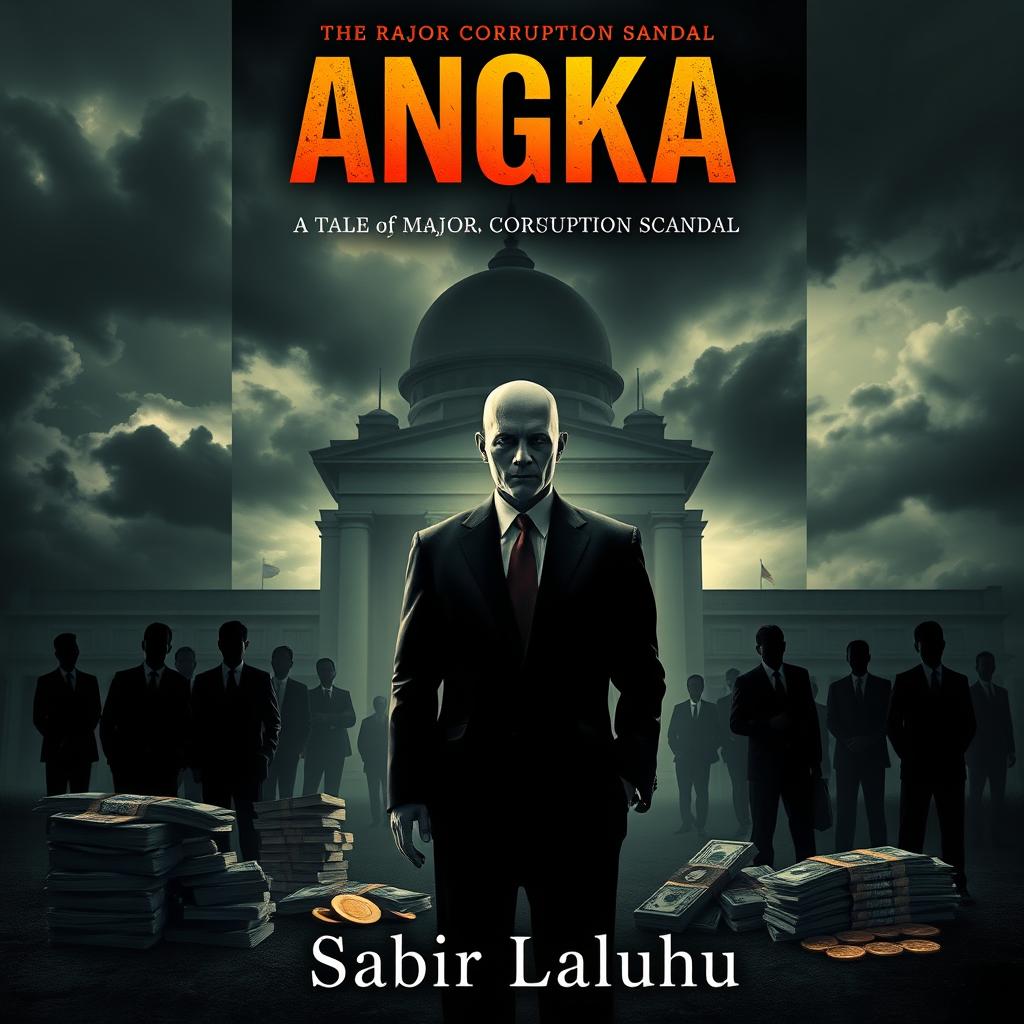 A striking novel cover design for 'ANGKA' by Sabir Laluhu, portraying a dramatic tale of a major corruption scandal
