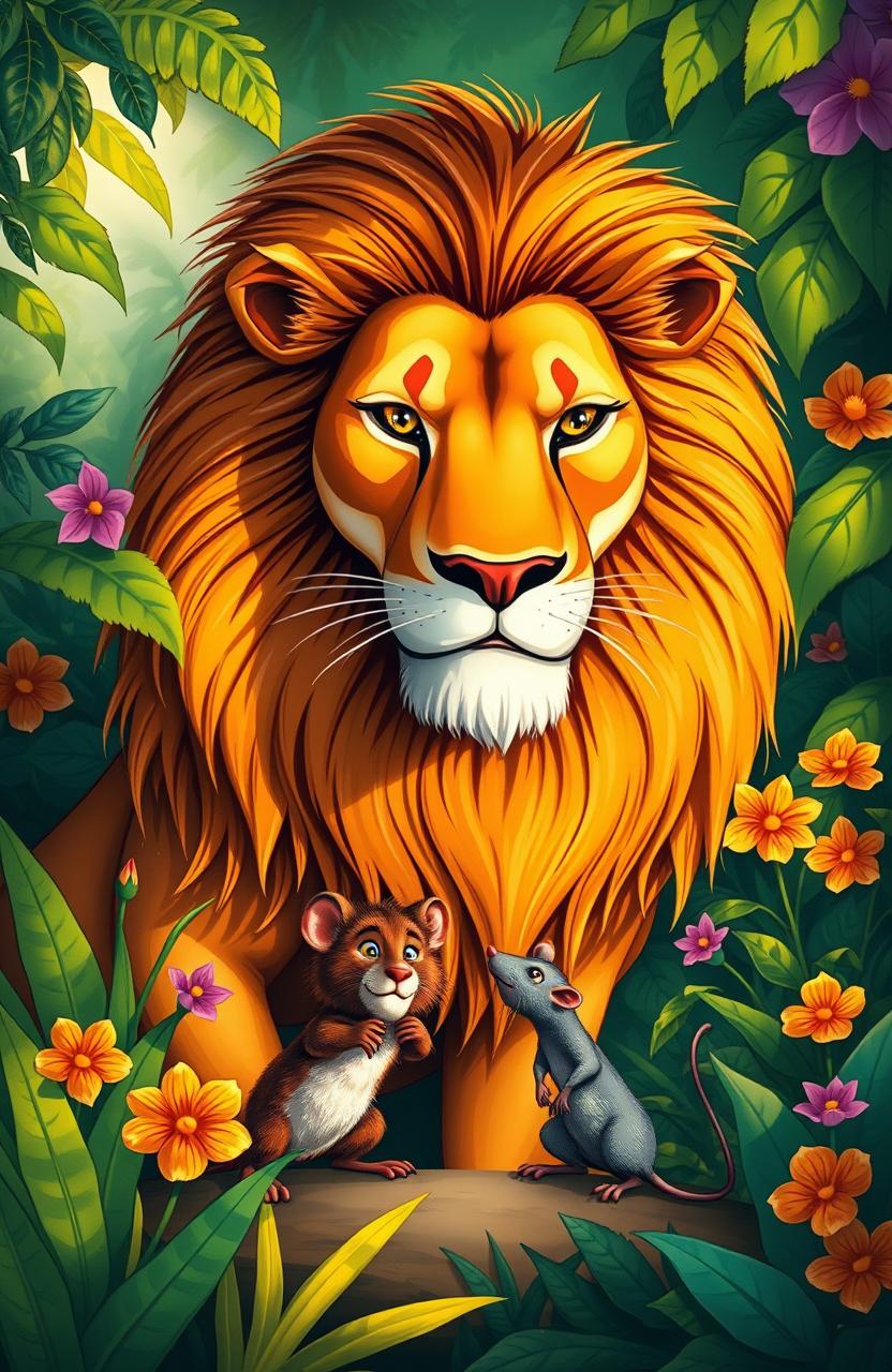 A striking cover illustration featuring a majestic lion and a small rat, both depicted in a vibrant jungle setting