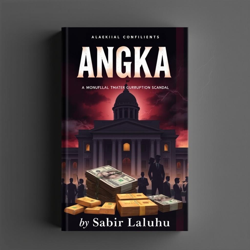 A compelling novel cover design for 'ANGKA' by Sabir Laluhu, focused on a monumental corruption scandal involving influential politicians, members of parliament, state leaders, and powerful businessmen