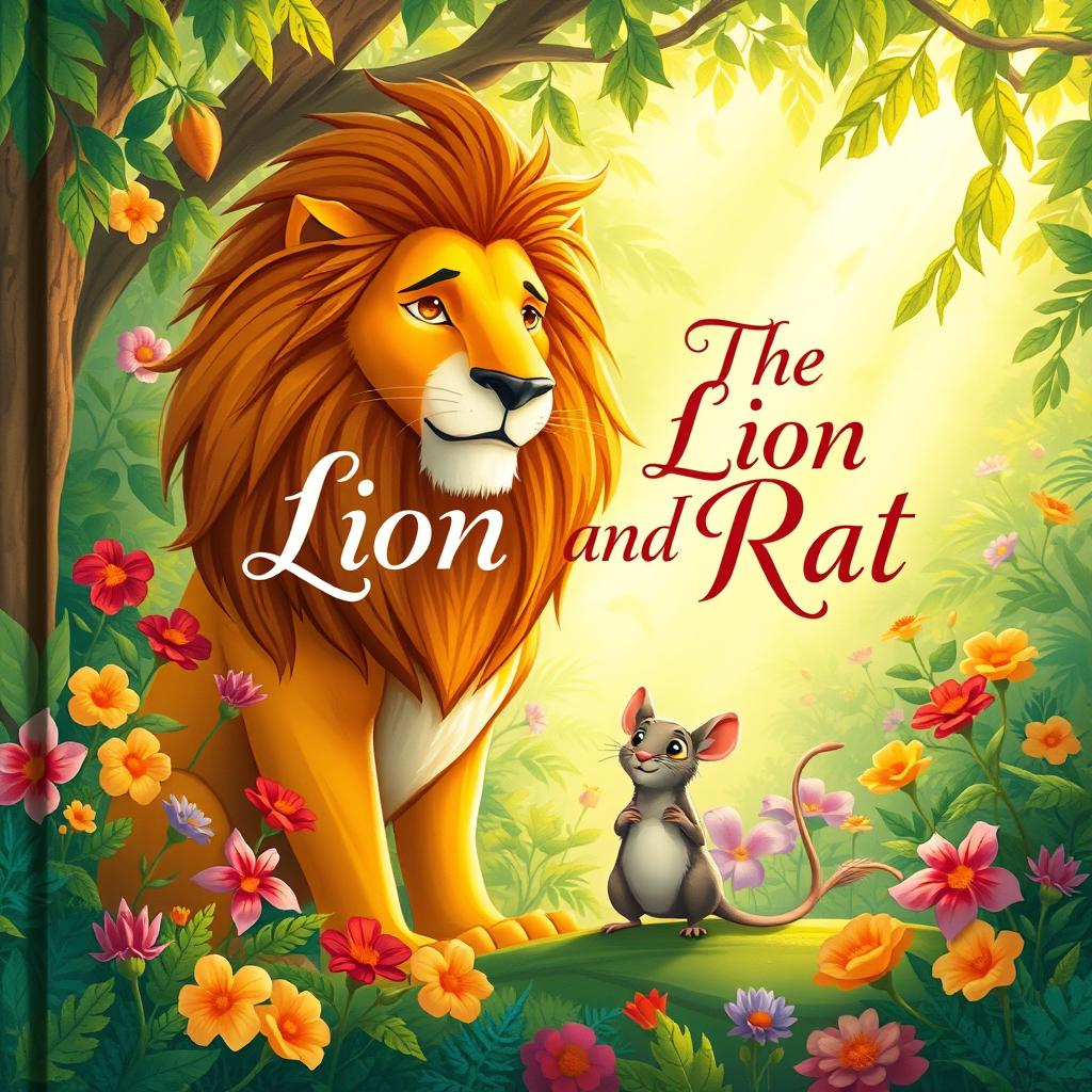 A captivating cover illustration for the title 'The Lion and Rat', featuring a majestic lion and a small rat in a vibrant jungle setting