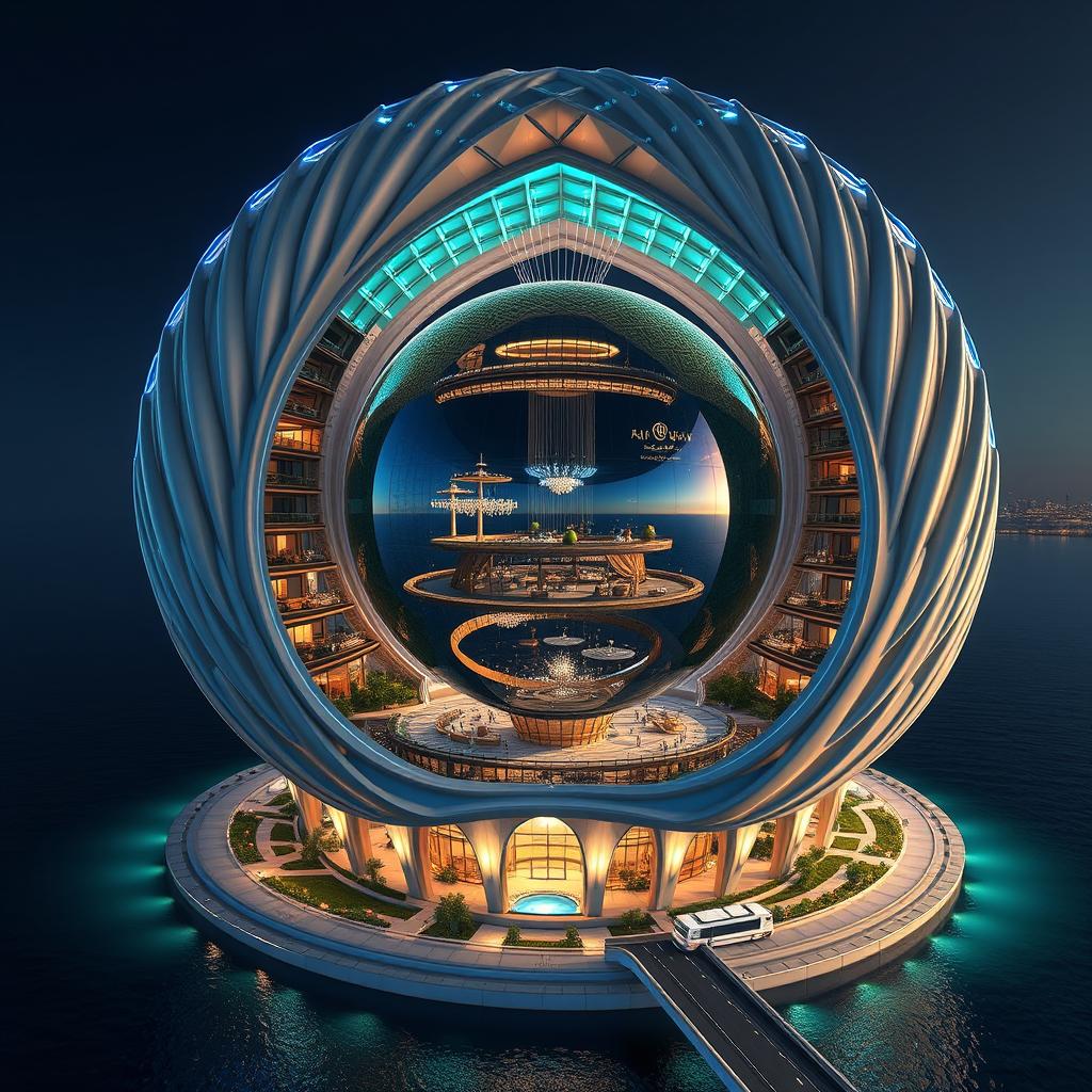 A stunning commercial-residential tower named "EBEEAVIJAN," featuring a 40-meter glass sphere nestled between two 70-meter shell-shaped structures