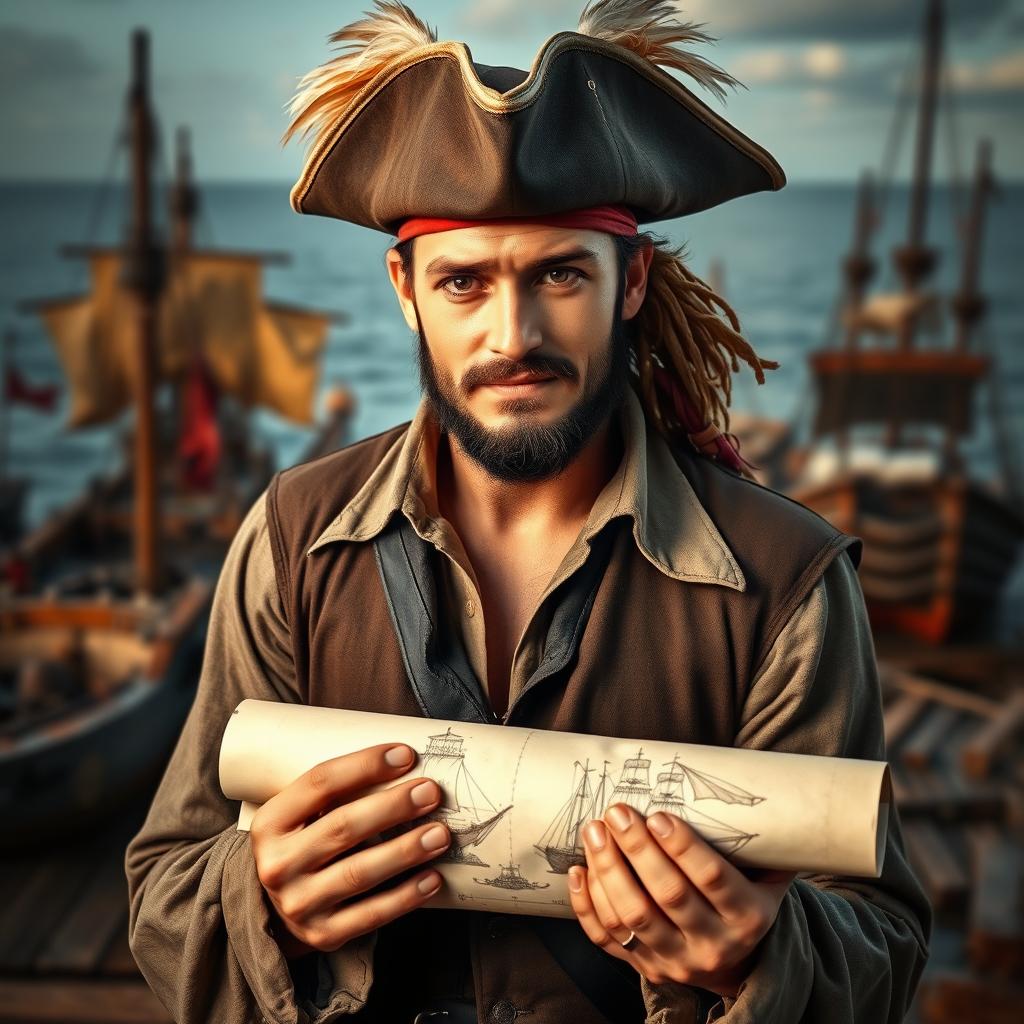 A charismatic pirate architect gazing directly into the camera with a confident expression