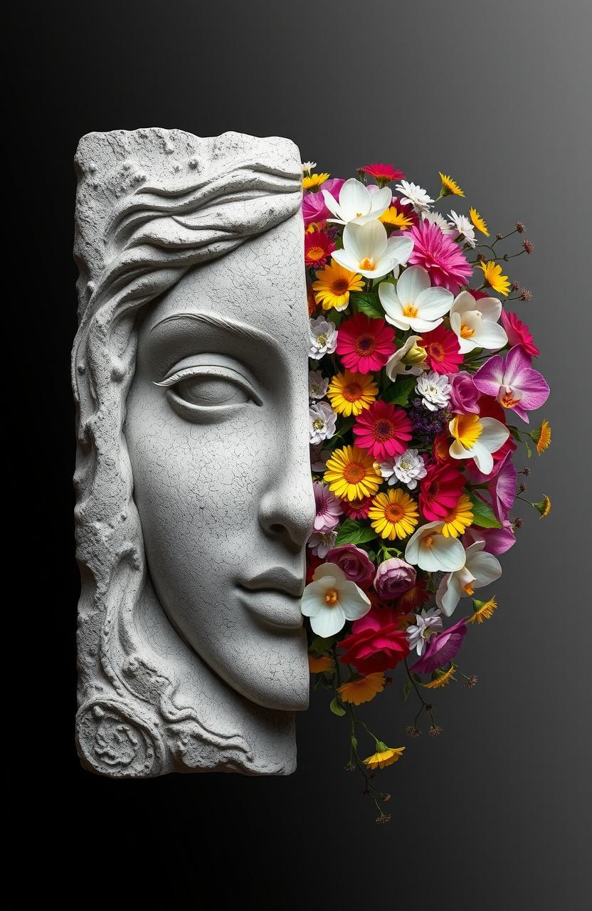 A striking half stone sculpture of a woman's face seamlessly merging with a cascade of vibrant flowers on the other half