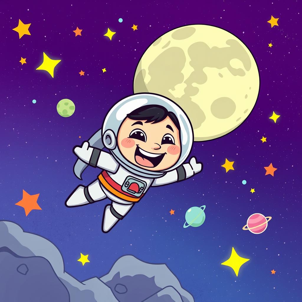 A whimsical comic style illustration featuring a fun cartoon character floating in space against a vibrant background of the moon