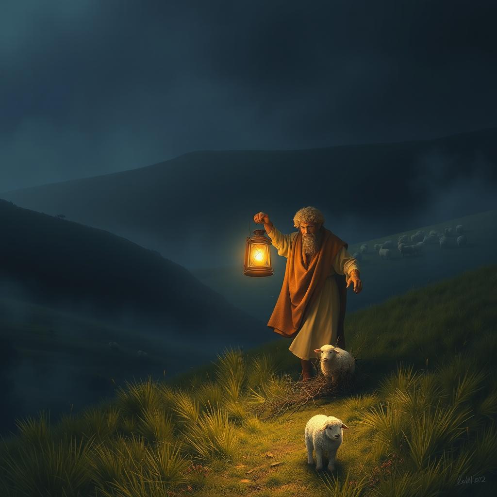 A kind shepherd walking through a dark, misty hillside at night, holding a glowing lantern while searching for a lost little sheep