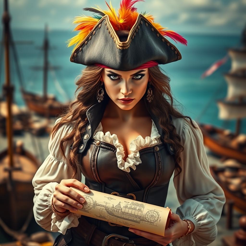 A fierce female pirate architect gazing directly into the camera with determination