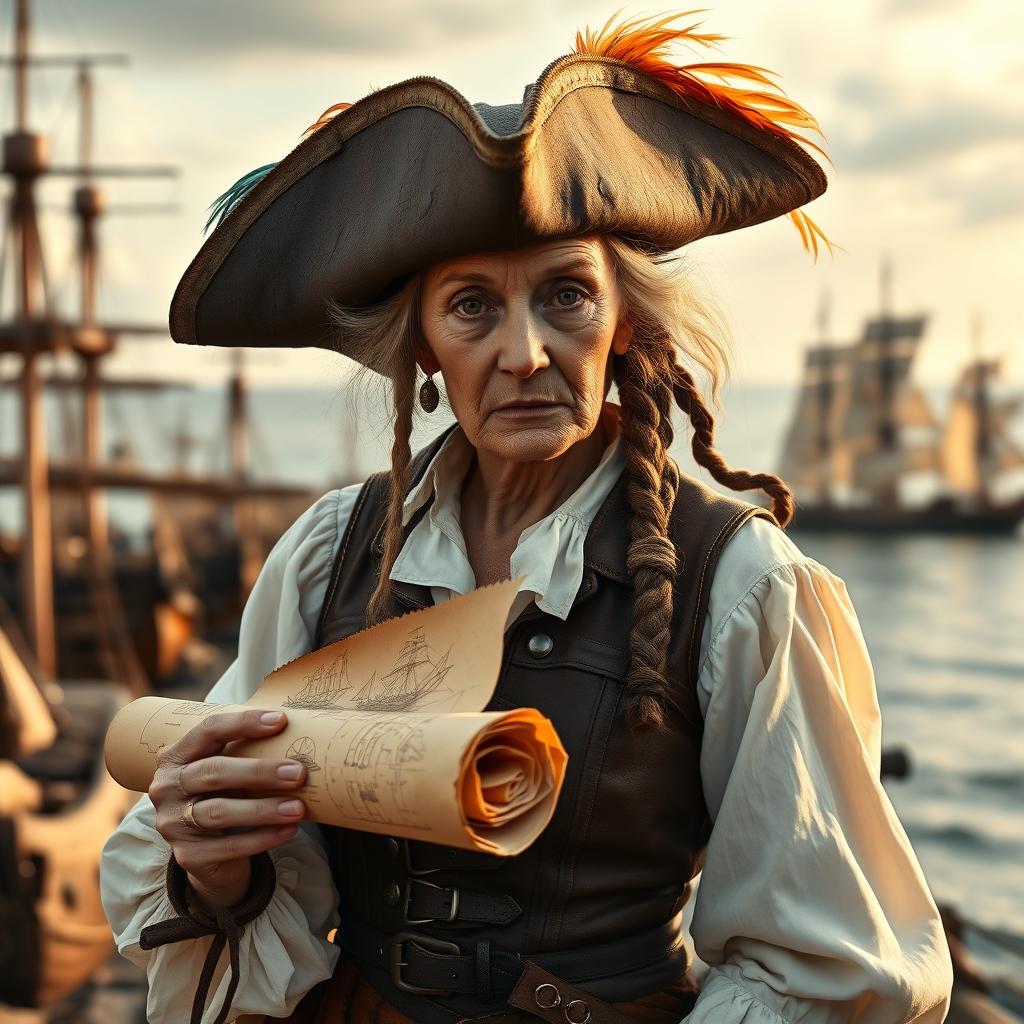 An old female pirate architect gazing directly into the camera with a wise and determined expression
