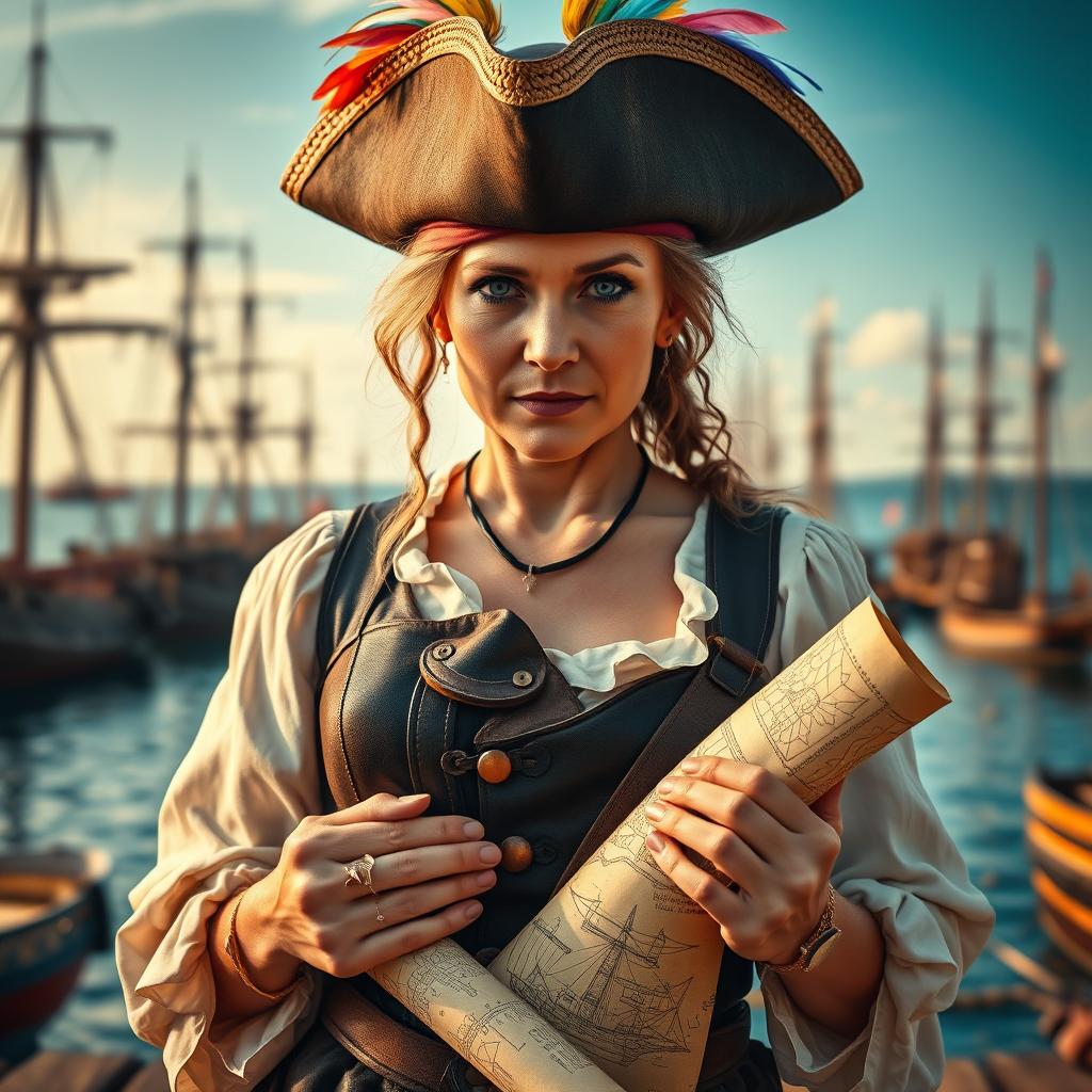 A 50-year-old female pirate architect gazing directly into the camera with a confident and determined expression
