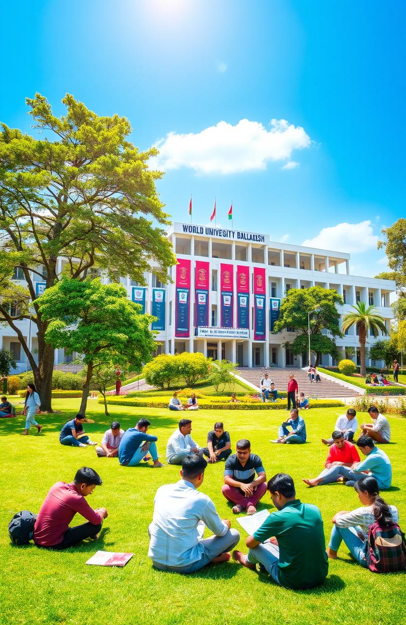 A vibrant and colorful campus scene of the World University of Bangladesh, featuring modern architecture and lush greenery