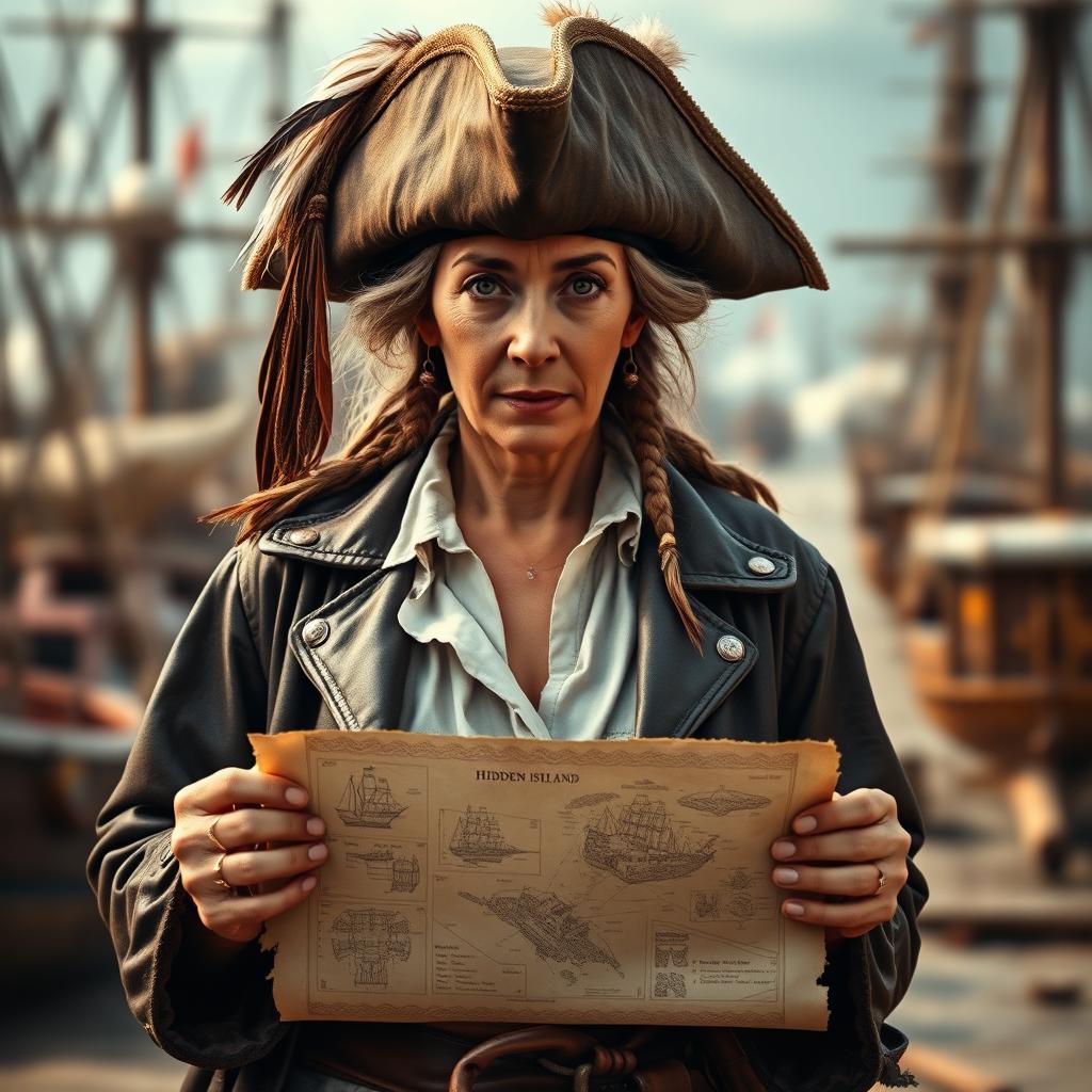 A 60-year-old female pirate architect looking straight into the camera with a wise and commanding presence