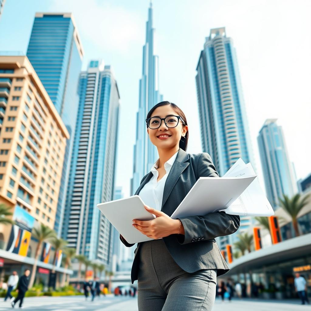 A young Filipina architect standing confidently in front of stunning Dubai skyscrapers, showcasing her modern architectural designs