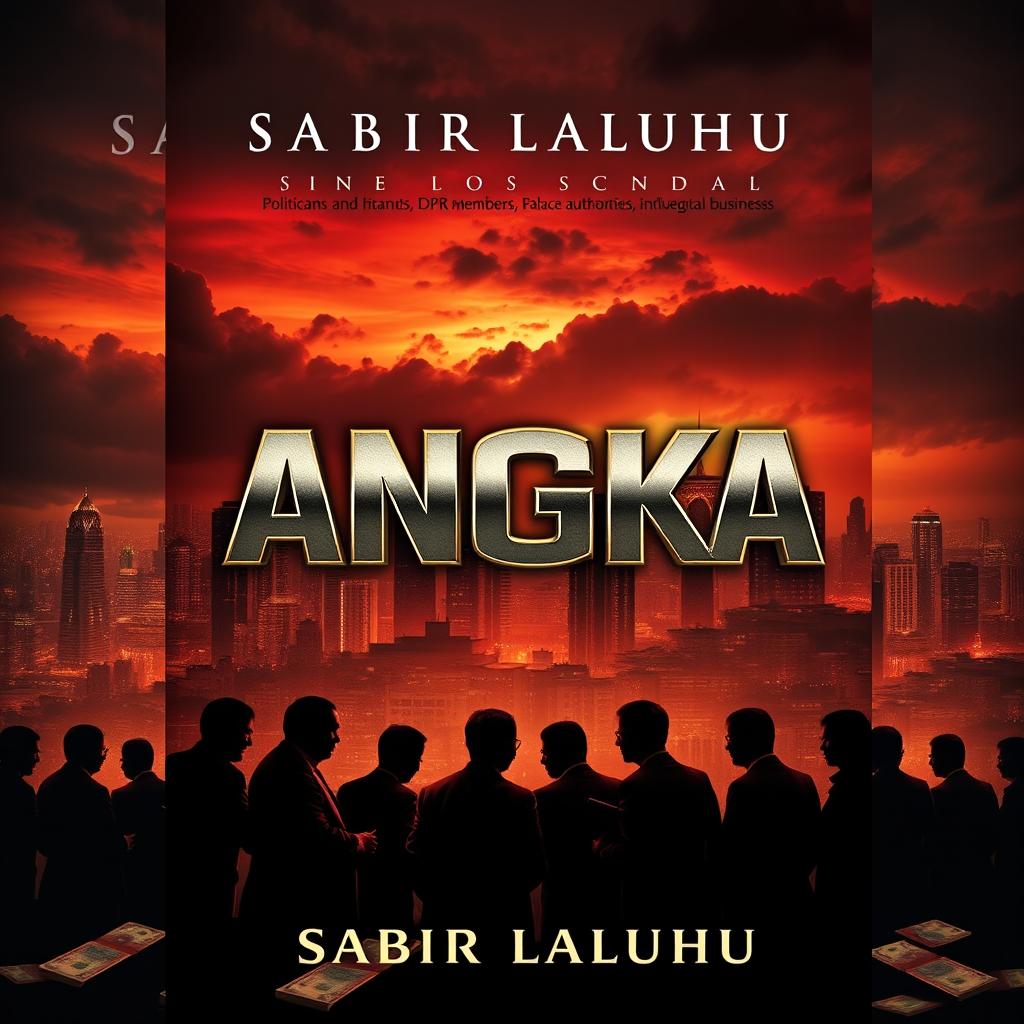 A striking novel cover design for 'ANGKA' by Sabir Laluhu, encapsulating a major corruption scandal involving politicians, DPR members, palace authorities, and influential businessmen