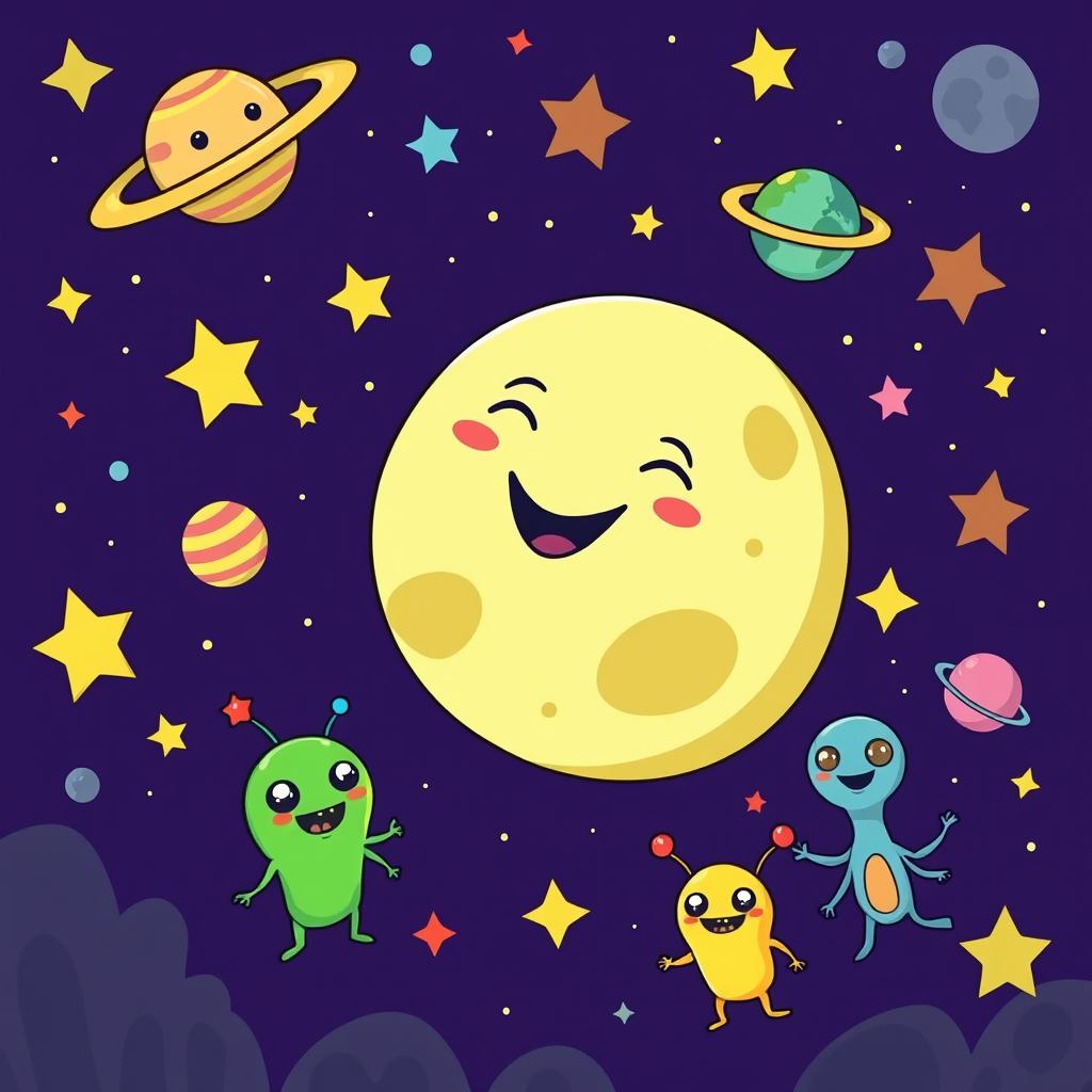 A whimsical scene featuring a cartoon-style depiction of outer space with a large, stylized moon in the background