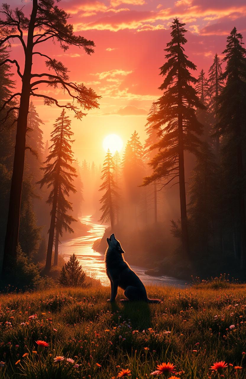 A majestic view of a vibrant sunset over an ancient, enchanted forest, with tall, mystical trees and a shimmering river reflecting the colors of the sky