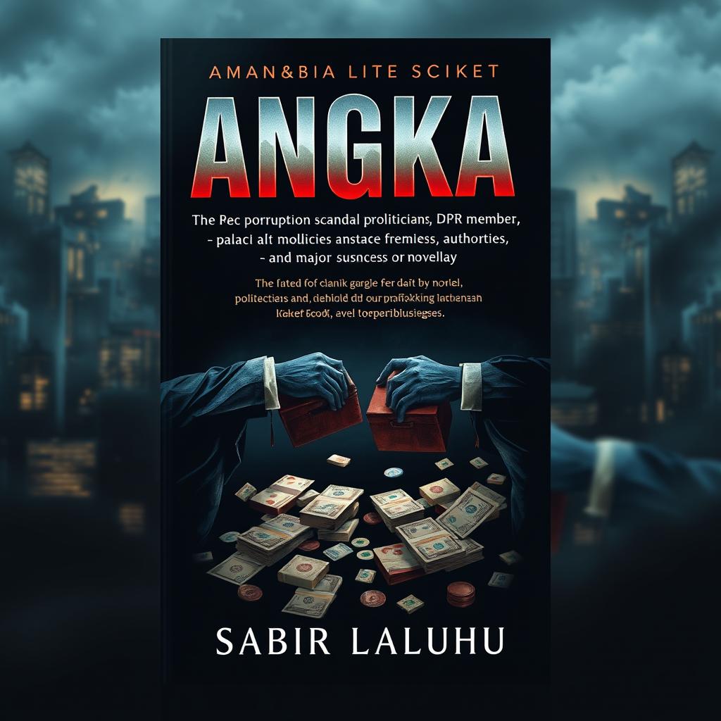 A powerful and striking cover design for the novel 'ANGKA' by Sabir Laluhu, highlighting a significant corruption scandal involving politicians, DPR members, palace authorities, and major businessmen