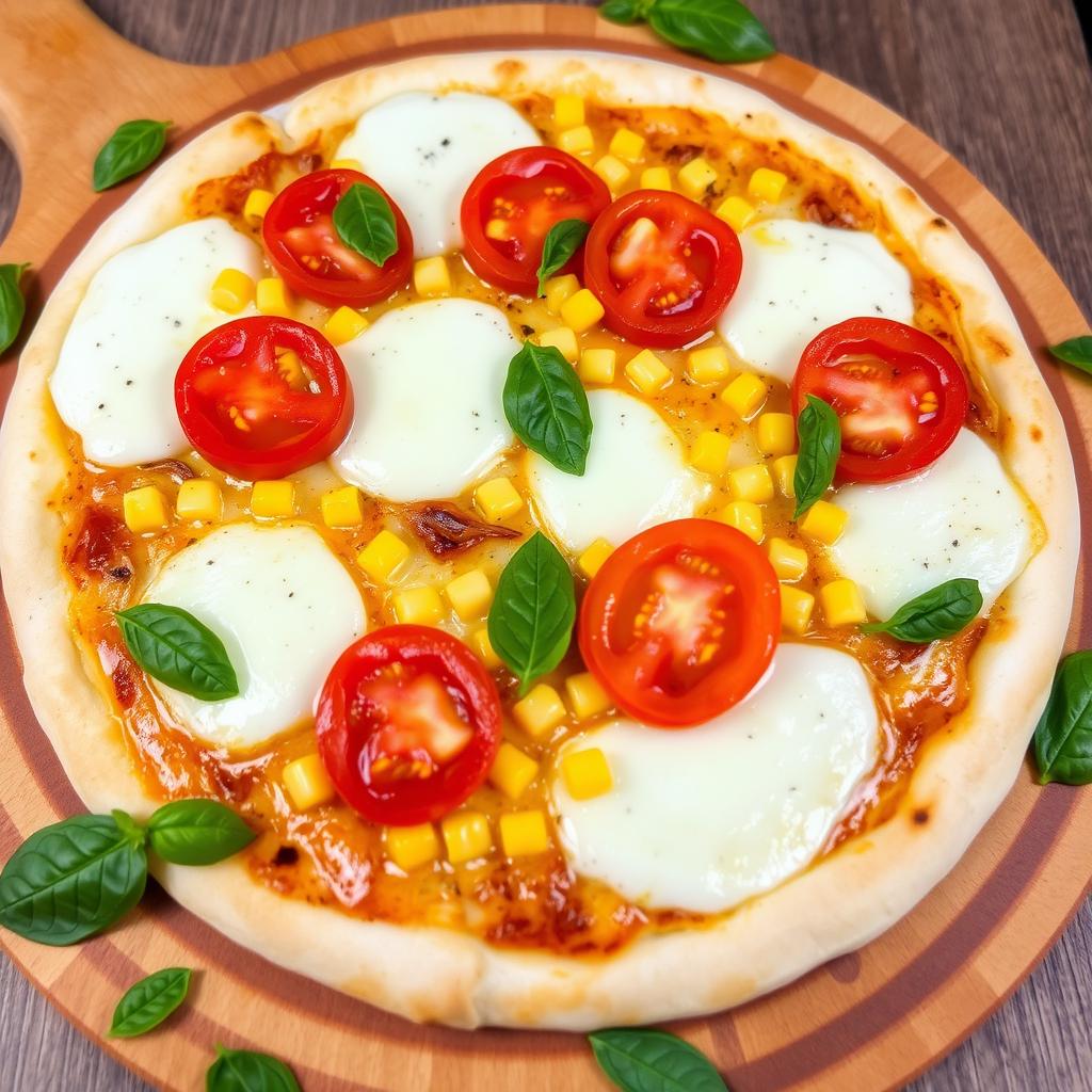 A delectable pizza topped with sweet corn and juicy, ripe tomatoes harmoniously paired with vibrant green capsicum, all draped under a generous layer of melted mozzarella cheese that appears rich and gooey