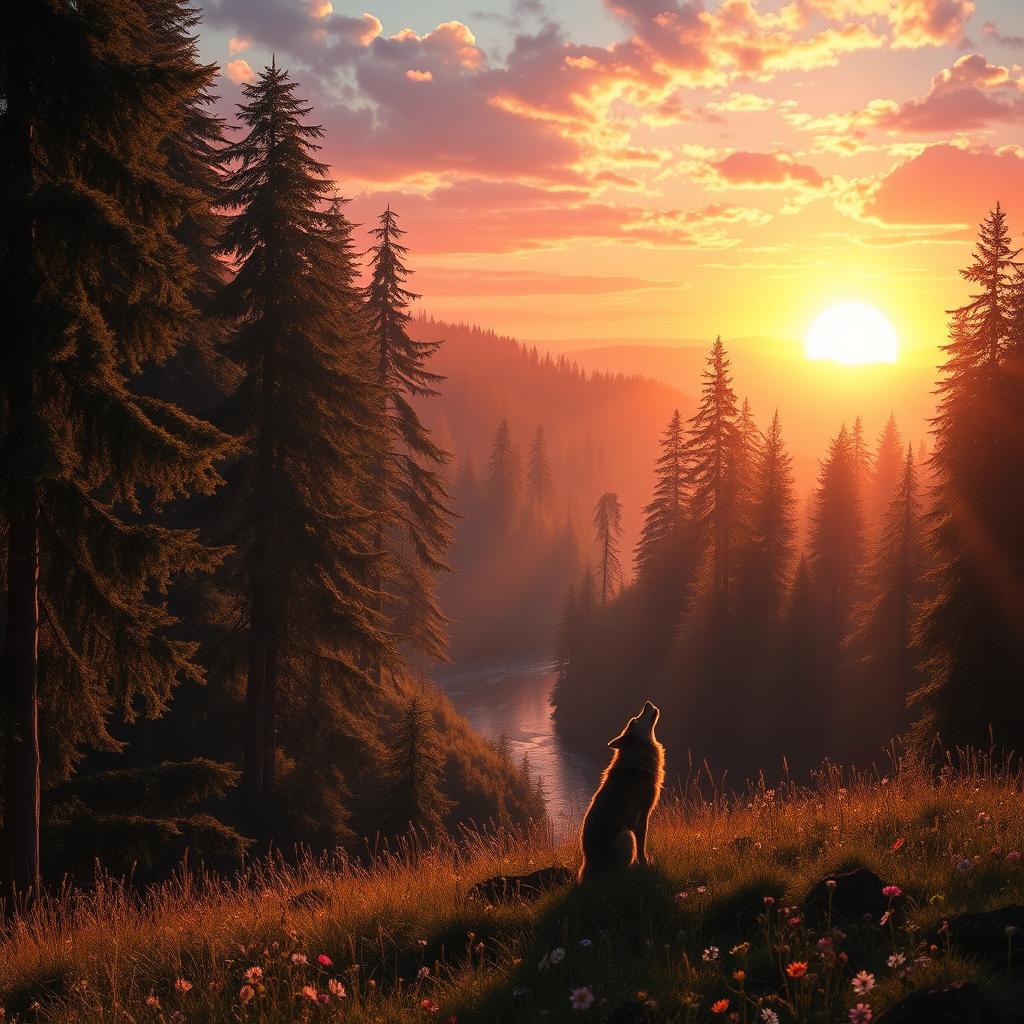 A majestic view of a vibrant sunset over an ancient, enchanted forest, with tall, mystical trees and a shimmering river reflecting the colors of the sky