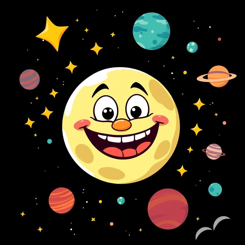 A whimsical cartoon scene set in outer space featuring a large, exaggerated, and smiling moon with a vector design