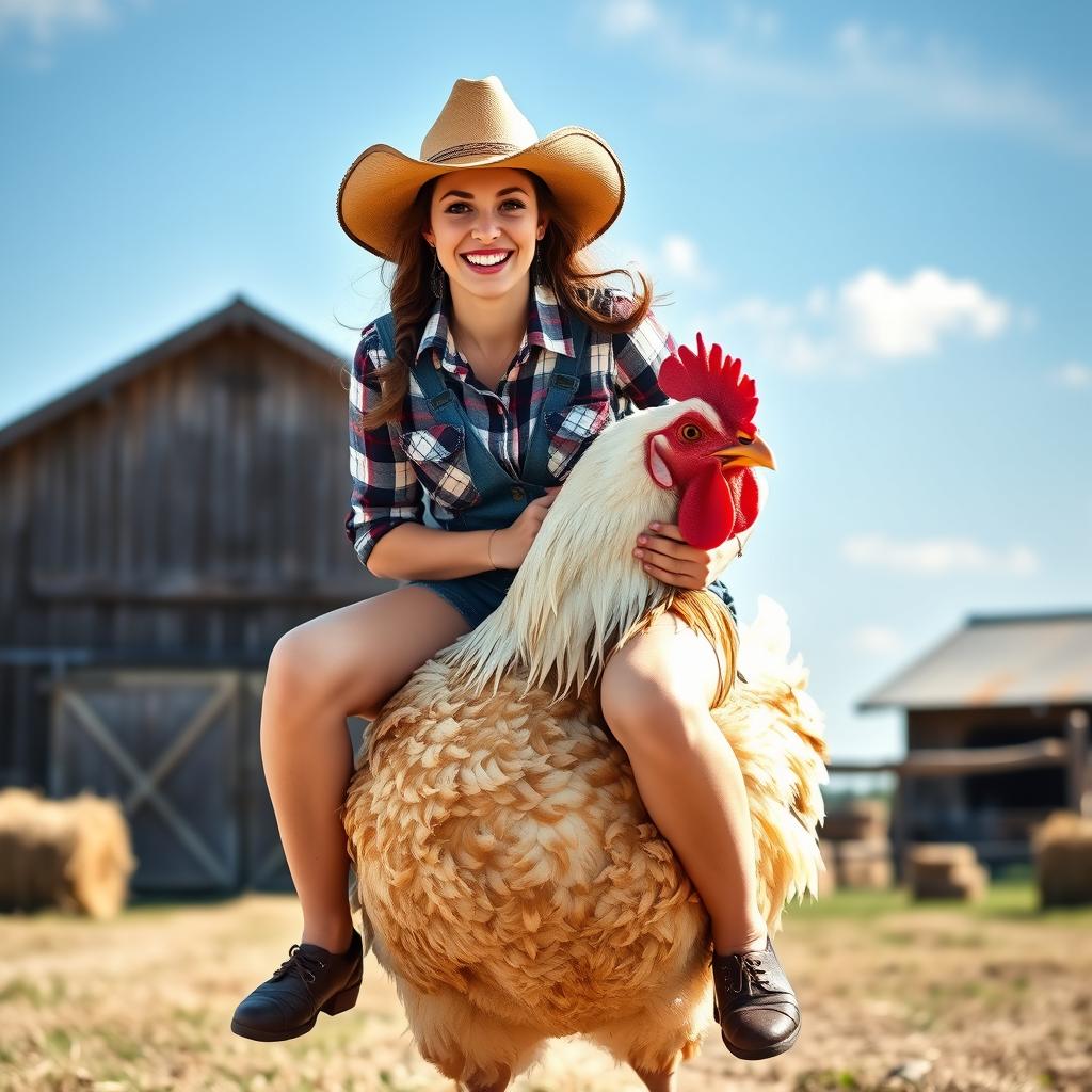 A whimsical image of a woman dressed as a cowgirl, playfully mounted on a large hen