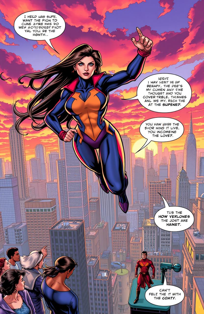A captivating scene from a comic book featuring a fierce female superhero soaring through a vibrant cityscape