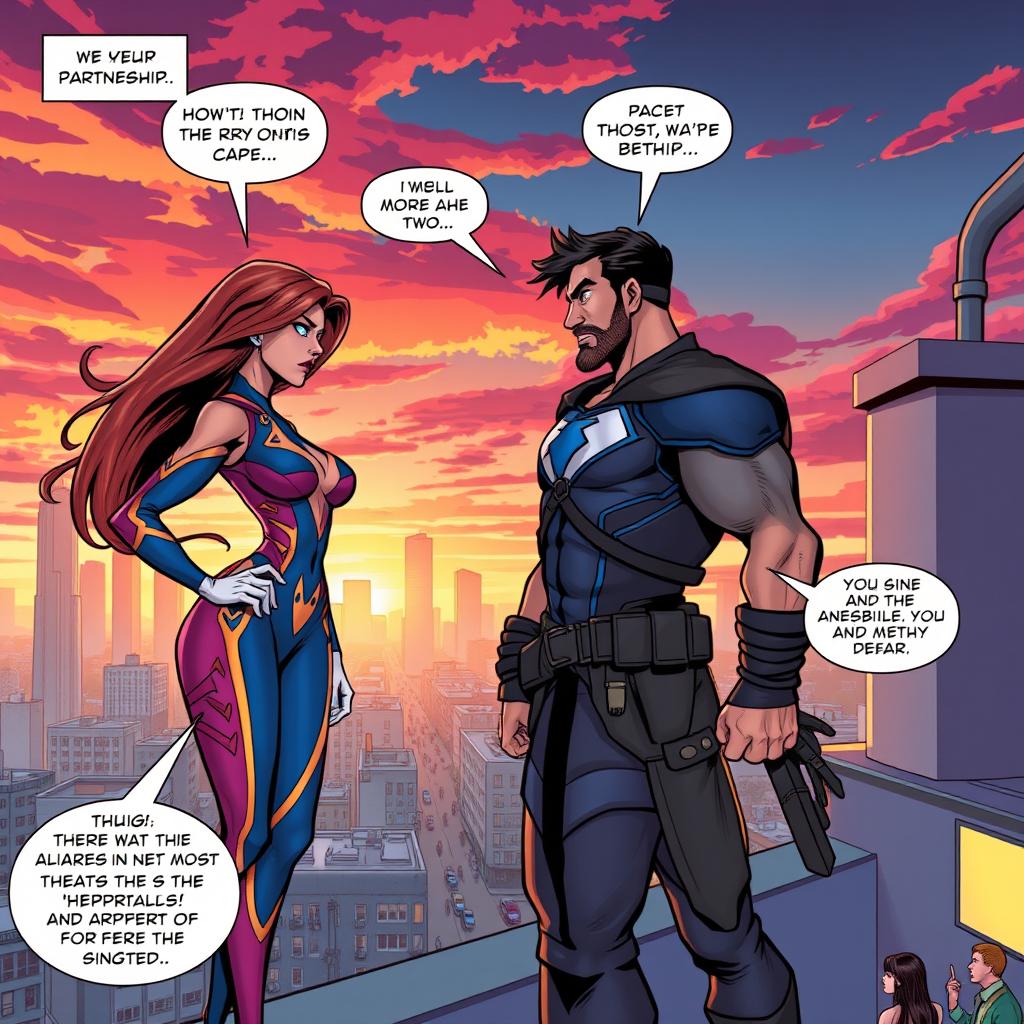 A dynamic comic book scene where a fierce female superhero meets her male counterpart for the first time