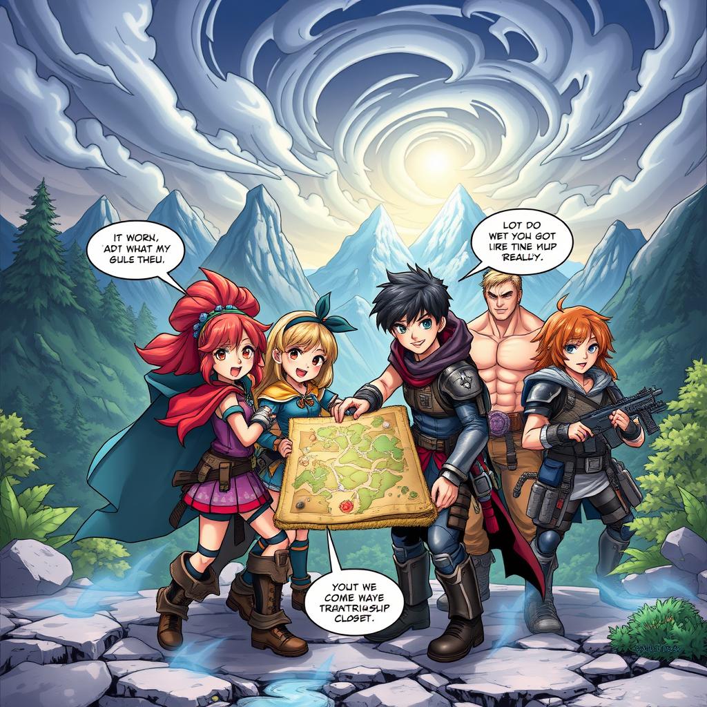 A lively comic book scene depicting three adventurous girls and four brave boys teaming up for an epic quest