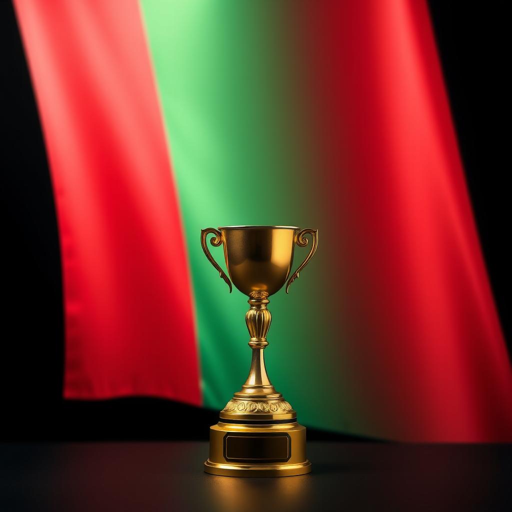 An Italian flag in soft gradient colors blending into a rich black background, with a prominent shiny golden trophy placed elegantly in the foreground