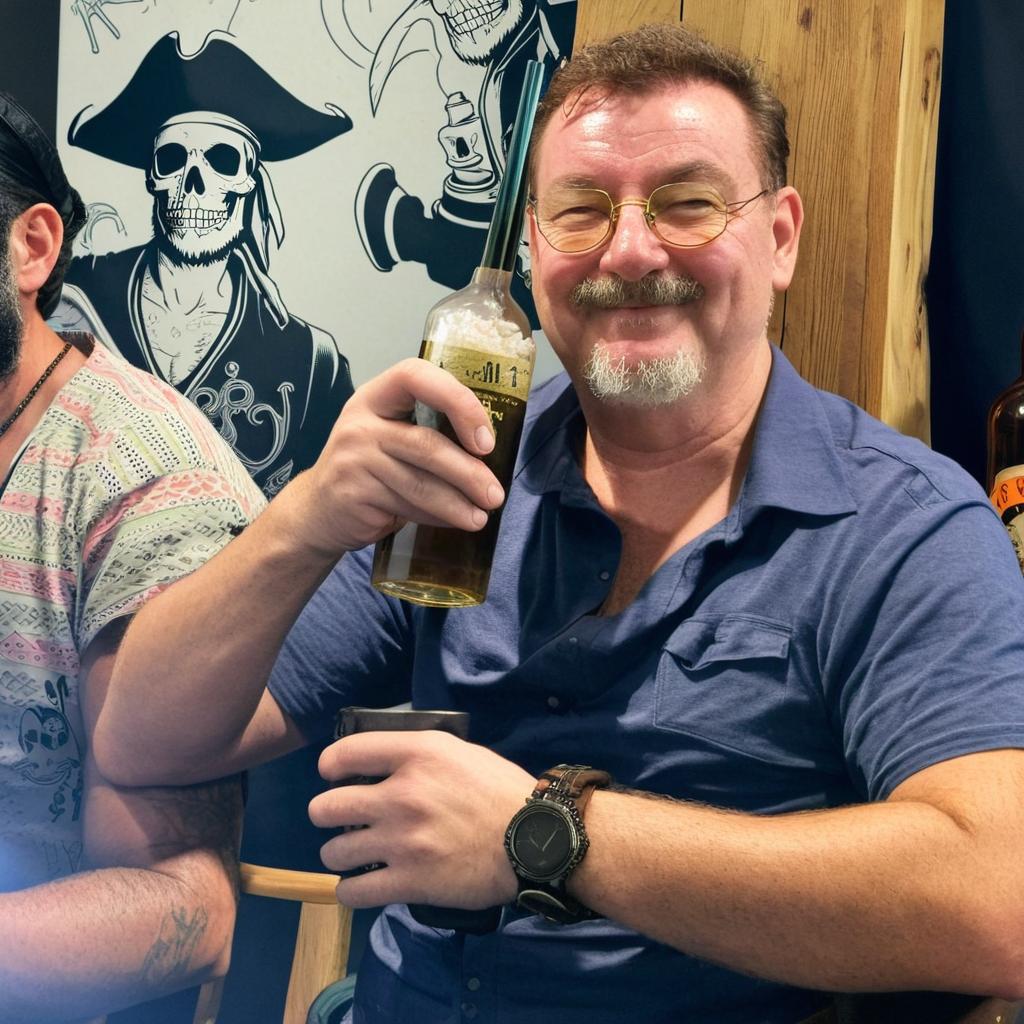 create a pirate who is holding a bottle of rum instead of the glas