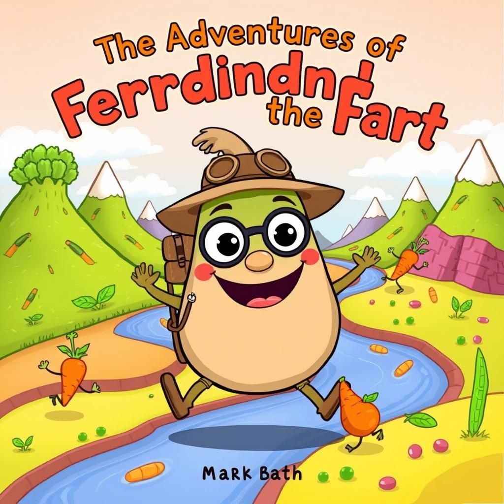 A whimsical illustration featuring a cheerful fart character with big expressive eyes and a broad smile, dressed in explorer gear, embarking on a grand adventure